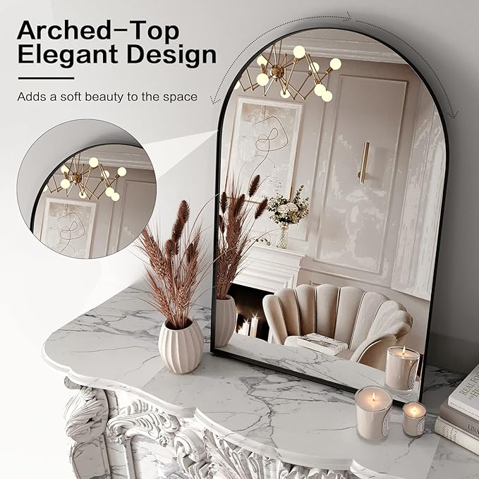 Brightify Arched Mirror, Arched Wall Mirror, 22 x 30 Inch Black Arch Mirror, Metal Frame Black Bathroom Mirror, Arched Top Bathroom Vanity Mirror for Living Room Bedroom Mantel Entryway Hallways
