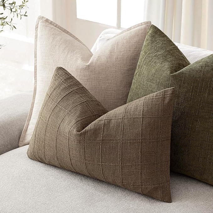 Foindtower Set of 2 Decorative Linen Check Throw Pillow Covers Neutral Farmhouse Lumbar Cushion Covers Modern Boho Home Decor for Sofa Chair Couch Bedroom Living Room Outdoor,12×20 Inch,Light Brown