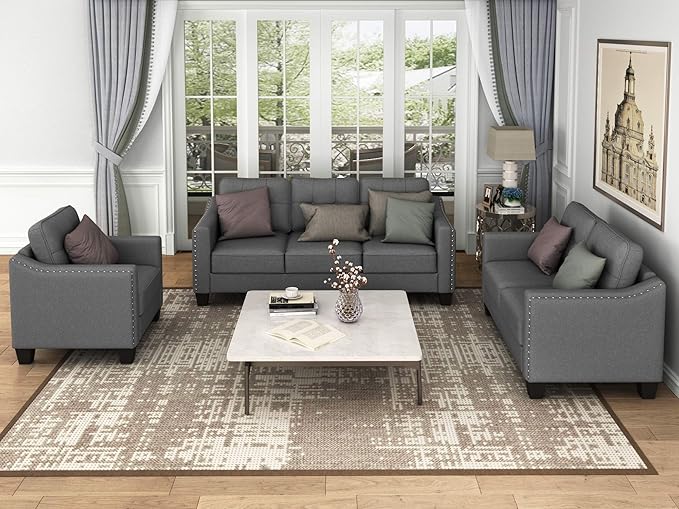 FANYE 3 Pieces Living Room Furniture Sets Include Sofa, Loveseat and Armchair, Linen Fabric Upholstered Sectional Couch with Classical Rivets Decor and Tufted Back Cushions, Retro Gray Sofa & Couch