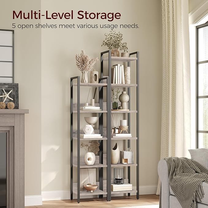 5-Tier Bookshelf, Bookcase, Shelves Organizer for Small Spaces, Storage Shelf Organizer, for Living Room, Bedroom, Study, Balcony, Greige and Black BKHG5501