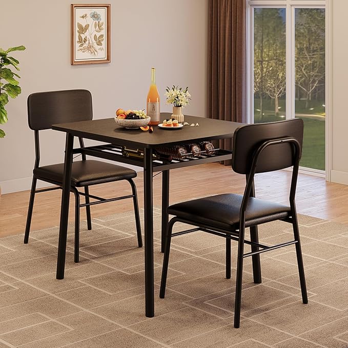 3-Piece Dining Table Set for 2, Wood Kitchen Table Set with Built-in Storage Rack,Small Kitchen Table with Upholstered Chairs and Metal Frame for Small Spaces，Black Wood Grain Color