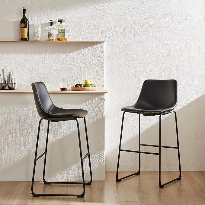 DUMOS 26 Inch Counter Height Bar Stools Set of 2, Modern Faux Leather High Barstools with Back and Metal Leg, Bar Chairs for Kitchen lsland, Elegant Black