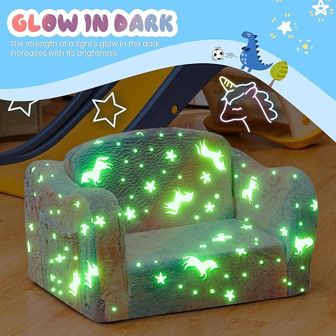 Lamerge 2-in-1 Toddler Couch,Glow in The Dark Baby Floor Bed,Foldable Toddler Chair Kids Sofa for playroom,Convertible Sofa to Lounger for Girls and Boys (Rainbow and Unicorn)