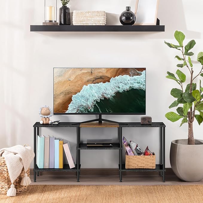 OYEAL 50 Inch TV Stands for Living Room Small Entertainment Center with Open Storage Shelves, Black TV Stands TV Media Console Table for 50 40 32 Inch TV