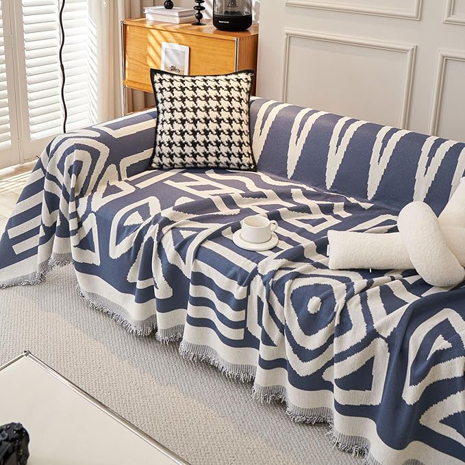 STACYPIK Jacquard Blue Geometric Sofa Cover Thick Soft Boho Couch Covers for 1 Cushion Couch Dogs Cats Furniture Protector Cover Reversible Armchair Cover for Pets Dog Cat Sofa Throw Cover-71X71IN