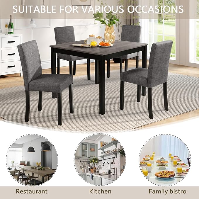 KEIKI 5-Piece Standard Height Dining Table Set with Square Table and 4 Upholstered Curved Backrset Chair, for 4 Person, Modern Wooden Table Set, Easy Assembly, for Kitchen, Dining Room, Black+Gray