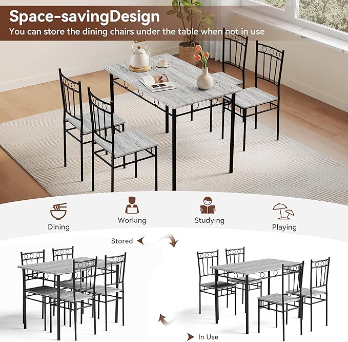 Vipbear Kitchen Dining Table Set for 4, 5-Piece Kitchen Table Set,Dining Room Table Sets,Rectangular Kitchen Table Set with 4 Chairs for Small Space, Dinette,Apartment,Rustic Grey