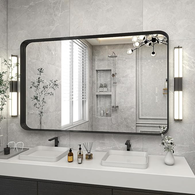 Bathroom Mirror 30x48 inch, Black Gorgeous Deep Frame Wall Mirror, Modern Round Corner Bathroom Vanity Mirror for Bedroom, Living Room, Hanging or Leaning Horizontal or Vertical, Black