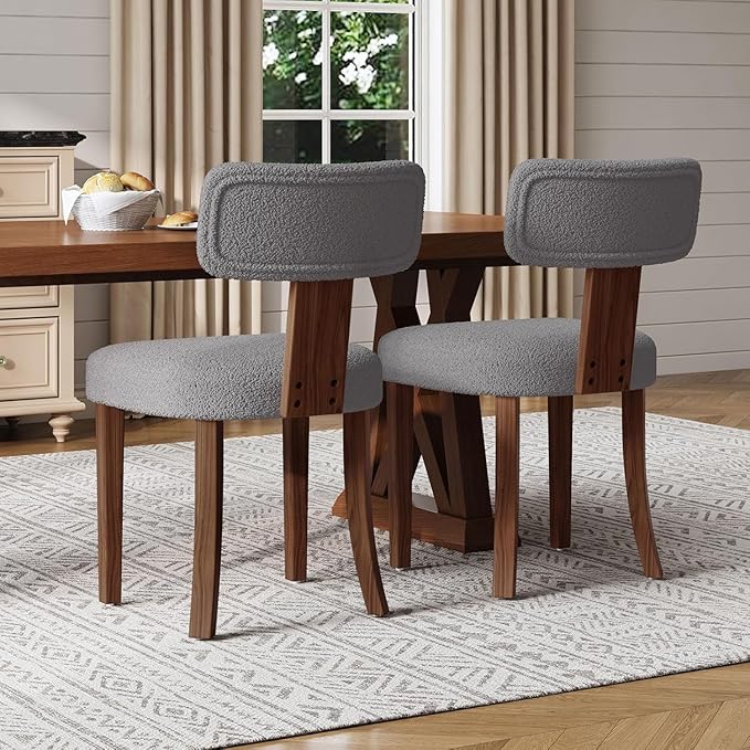 Farmhouse Chair Set of 2, Mid Century Modern Dining Chairs, Sherpa Upholstered Kitchen Chairs with Curved Backrest & Adjustable Legs for Living Room/Bedroom, Easy to Install, Grey Sherpa
