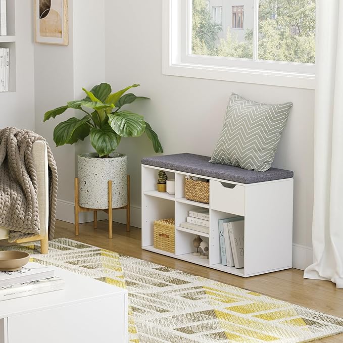 DINZI LVJ Shoe Bench,Entryway Storage Bench with Drawer and 8 Cubbies,Cubby Rack Adjustable Shelves,Shoe Organizer Cabinet for Living Room,Bedroom,Mudroom,Closet Garage,White