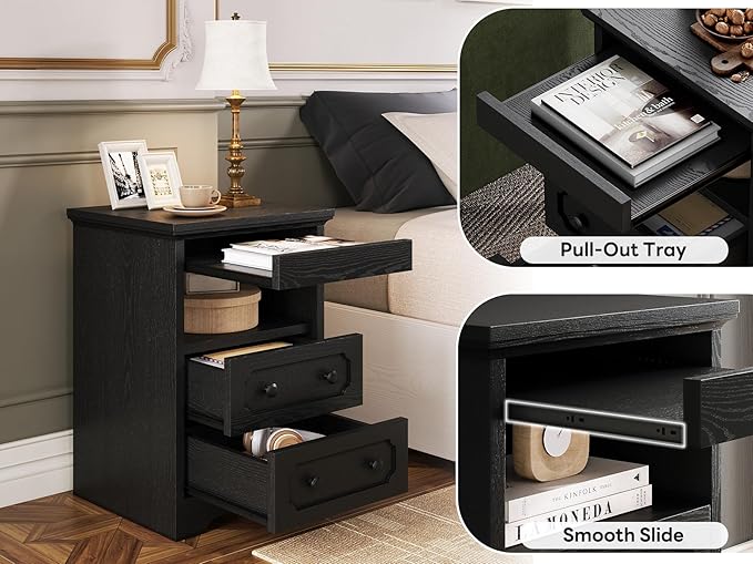 LIKIMIO Night Stand, Modern Bedside Table with 2 Drawers, Open Shelf, End Table with Pull-Out Tray, Wood SideTable, Black