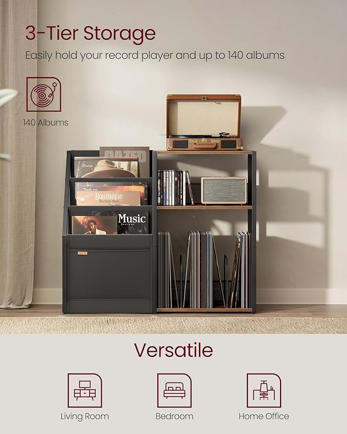 VASAGLE Record Player Stand, 3-Tier Side Table, Vinyl Record Storage up to 140 Albums, End Table for Living Room, Bedroom, Rustic Brown ULET276K01
