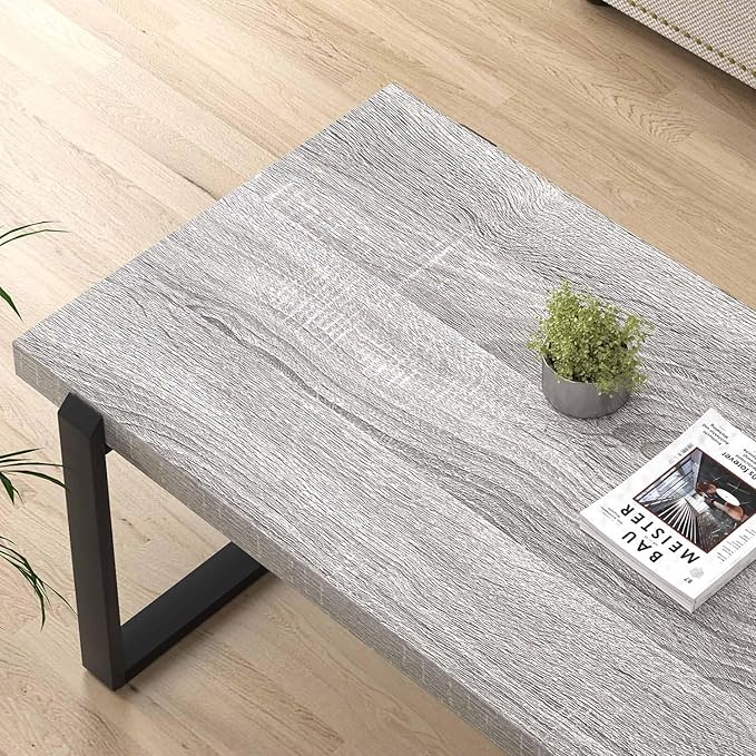 FOLUBAN Modern Coffee Table, Rustic Wood and Metal Center Table, Rectangle Cocktail Tea Table for Living Room, Light Grey, 47 Inch
