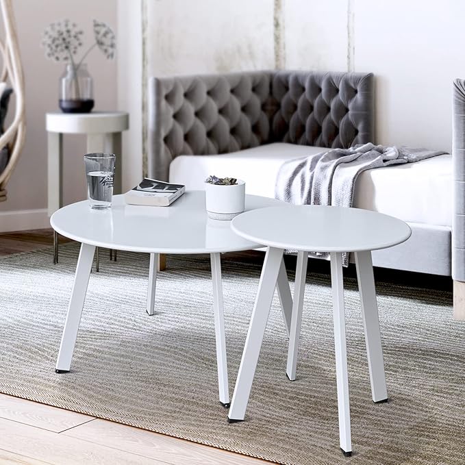 Patio Coffee Table Set of 2, Outdoor Weather Resistant End Table, Round Nesting Tables for Living Room Balcony Office, White