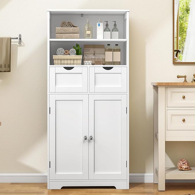 Iwell Tall Bathroom Cabinet, Storage Cabinet with 2 Drawers & Adjustable Shelves, Bathroom Storage Cabinet for Living Room, Dining Room, Entryway, White