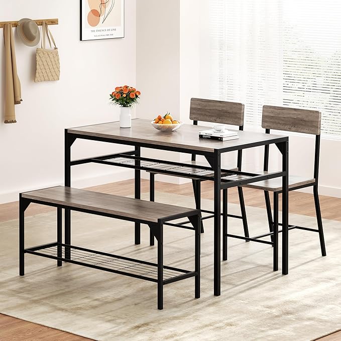 Shintenchi Kitchen Table Chairs Set of 4, Dining Table Set for 4 with Bench and Chairs, 4 Pieces Kitchen Table Set with Storage Rack & Metal Frame for Small Space, Gray