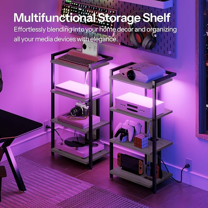 HOOBRO 4-Tier AV Media Stand, Media Console with Charging Station and LED Light, Wooden Stereo Cabinet, Corner TV Stand, Record Player, Entertainment Device Stand, BG38UDCJ01
