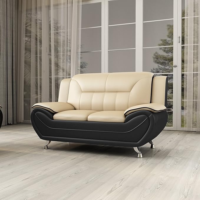 Container Furniture Direct Michael Modern Faux Leather Upholstered Stainless Steel Legs Living Room Sofa, Loveseat, Camel/Black