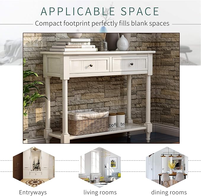 Merax Classic Wood Narrow Console Table with Drawers and Bottom Shelf for Entryway Hallway Front Door Ivory