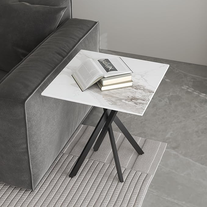 White Marble Side Coffee Table with Metal Legs, Samll Sintered Stone Square Modern End Table for Living Room Sofa Table Home Bed Office (1 Piece, 20"×20"×22")