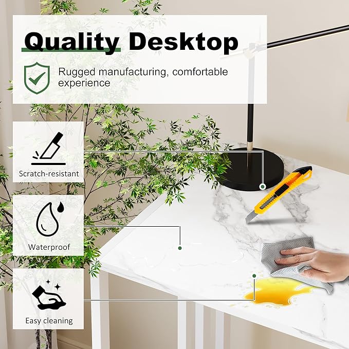 35 inch Folding Small Desk, Writing Gaming Computer Camping Desk for Small Spaces, No Assembly Required Home Office Table, White Marble