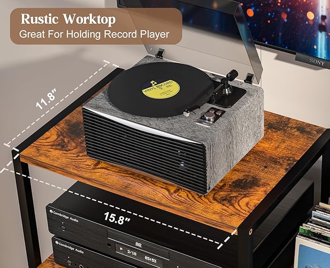 Record Player Stand Table with Vinyl Record Storage Holder-Up to 200+ Albums, Small Media Cabinet Console Table Stereo Stand Tower, Audio Video Shelving/Turntable Stand Shelf for Entertainment Center