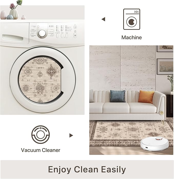 8X10 Area Rugs Machine Washable Rugs for Living Room, Vintage Boho Large Rugs for Bedroom Dining Room, Non Slip Indoor Soft Distressed Lightweight Thin Low Pile Carpet, Beige