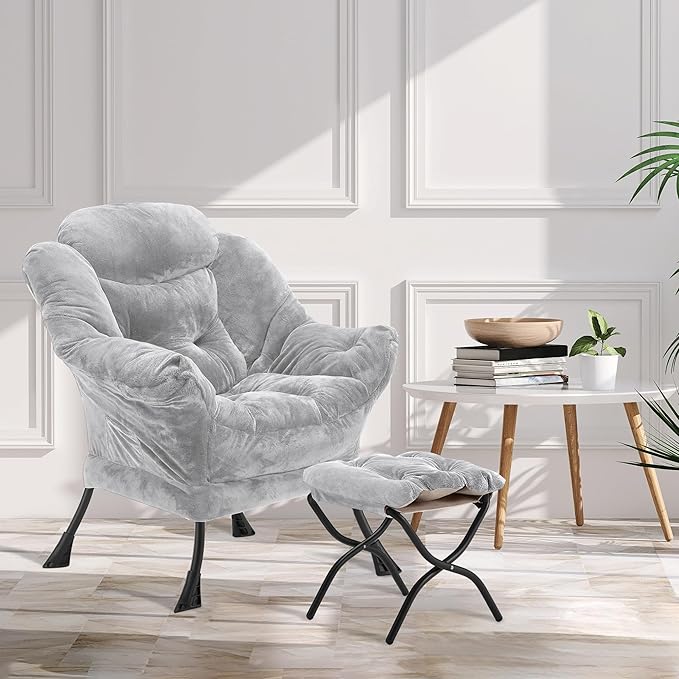 Fabric Lazy Chair with Ottoman, Oversized Upholstered Sofa Chair for Adults, Plush Comfy Lounge Chair with Large Side Storage Pocket, Reading Chair for Living Room, Bedroom, Dorm, Light Gray
