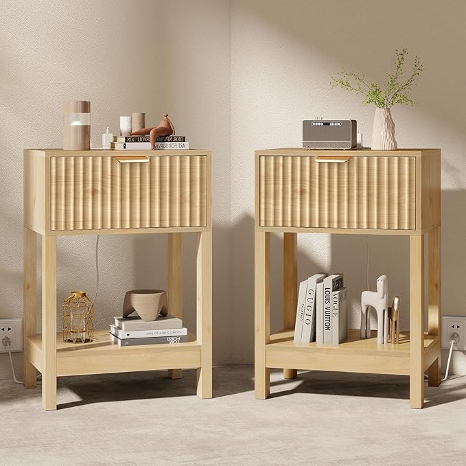 Night Stand Set 2, Fluted Nightstand with Charging Station, Wood Bedside Table with Drawer & Storage Shelf, Modern End Tables for Bedroom Sofa Couch Office, Natural Oak