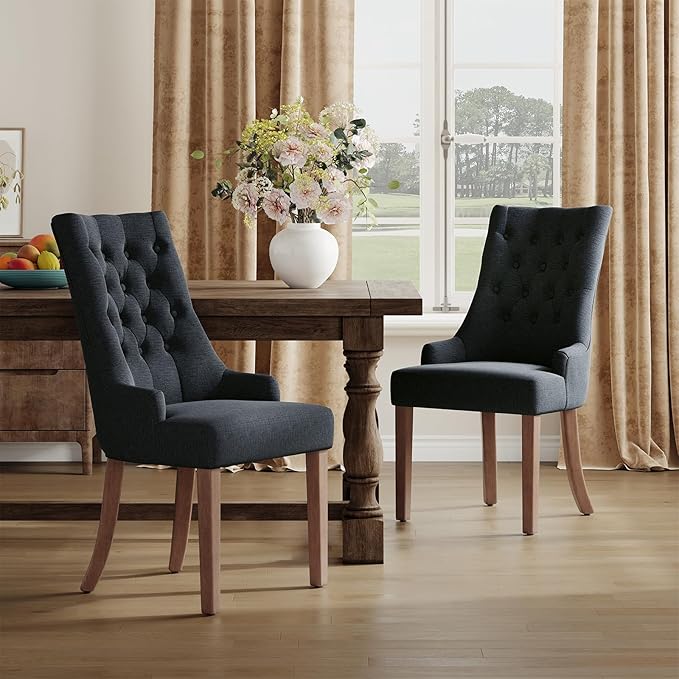 COLAMY Wingback Upholstered Dining Chairs Set of 4, Fabric Side Dining Room Chairs with Tufted Button, Living Room Chairs for Home Kitchen, Black