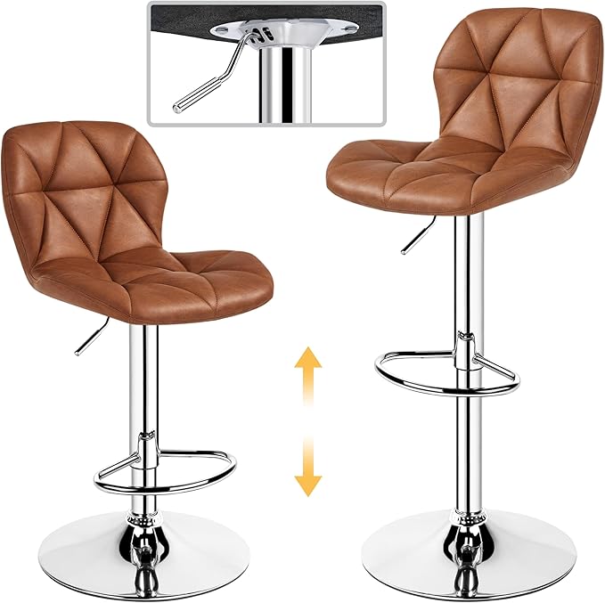 Yaheetech Barstools Set of 2, Modern Kitchen Island Stools with Backrest, PU Leather Adjustable Counter Stools for Kitchen Counter Bar, Retro Brown