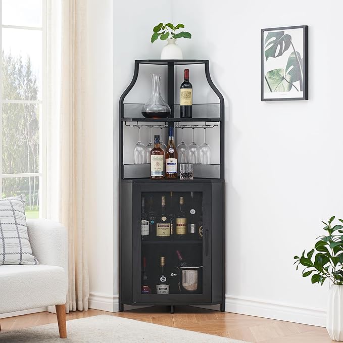 GarveeHome Corner Wine Cabinet with Detachable Wine Rack, 5-Tier Industrial Corner Bar Cabinet with Barn Door and Glass Holder, Farmhouse Buffet Cabinet and Home Bar, Black