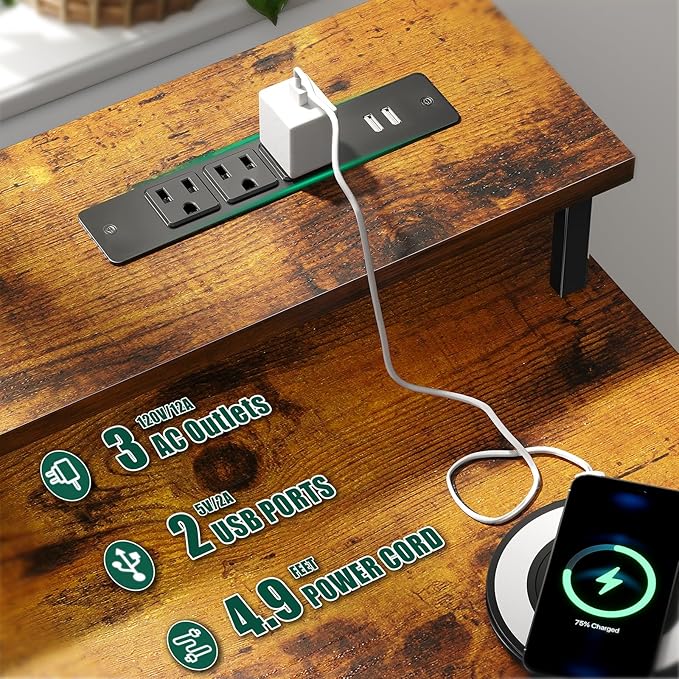 55 Inch Computer Gaming Desk with Power Outlets LED Lights, Reversible Home Office with Adjustable Fabric Storage Drawers for Working Writing Study, Rustic Brown