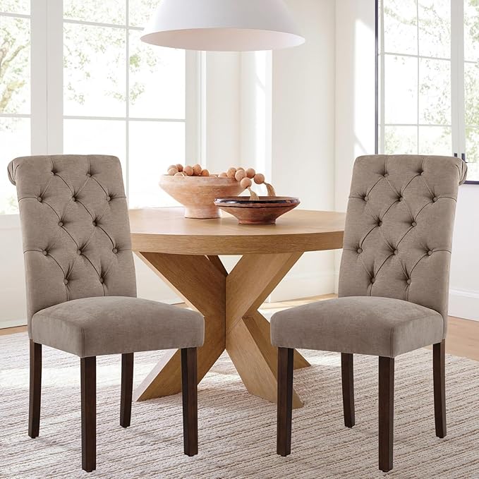 COLAMY Button Tufted Dining Chairs Set of 6, Parsons Upholstered Fabric Dining Room Chairs Kitchen Chairs with Wood Legs and Padded Seat, Taupe