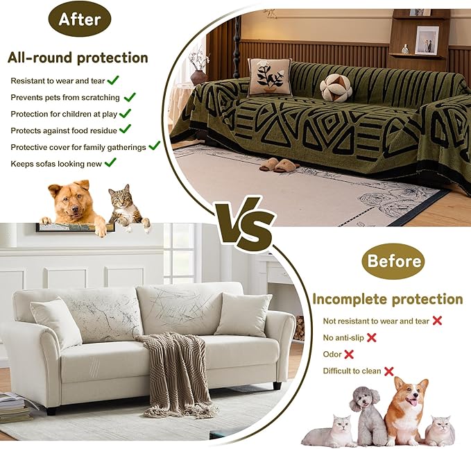 HANDONTIME Olive Green Sofa Covers for Sectional Sofa Boho Couch Cover for Dogs Christmas Green Throw Couch Cover Shu Velveteen Black Loveseat Covers Short Plush L Shaped Cover Washable, 71" X134"