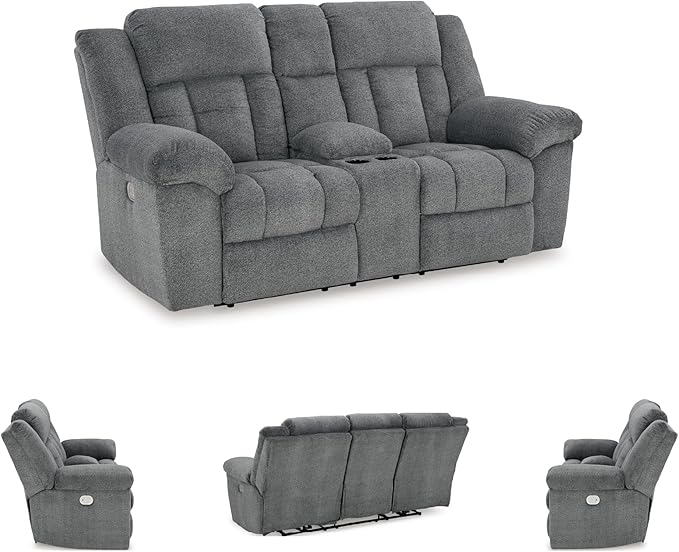 Signature Design by Ashley Tip-Off Modern Wall Hugger Power Reclining Loveseat with Adjustable Headrest, USB Ports, Storage and Cup Holders, Gray