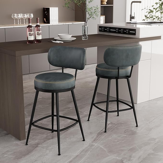 Counter Height Bar Stools, 26" H Swivel Barstools Set of 4, Faux Leather Kitchen Counter Stools with Back and Stylish Stitching, Metal Frame, Pub, Home Bar, Balck Green