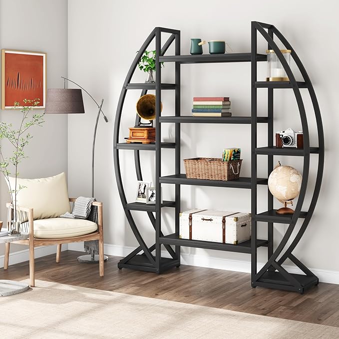Tribesigns Oval Bookshelf, Triple Wide 5 Tiers Etagere Bookcases, Industrial Display Shelves for Living Room (55", Black)