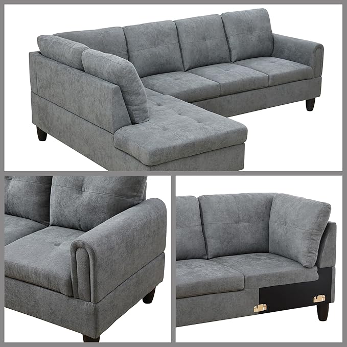 L Shaped Couch Sectional Couches with Chaise, Fluffy Fabric 3 Pieces Modular Convertible Sofa for Living Room Furniture Sets and Small Apartment, Dark Gre