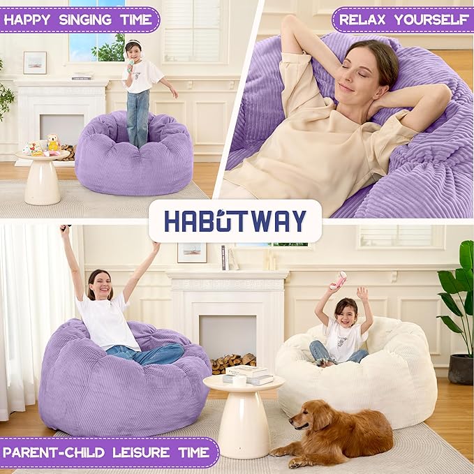 HABUTWAY Giant Bean Bag Chair for Adults/Kids/Teens, Pumpkin Bean Bag Couch Comfy Reading Chair for Bedroom, Corduroy Lazy Sofa Loughe Chair with Wider Seat Depth & Non-Slip Bottom(Purple)