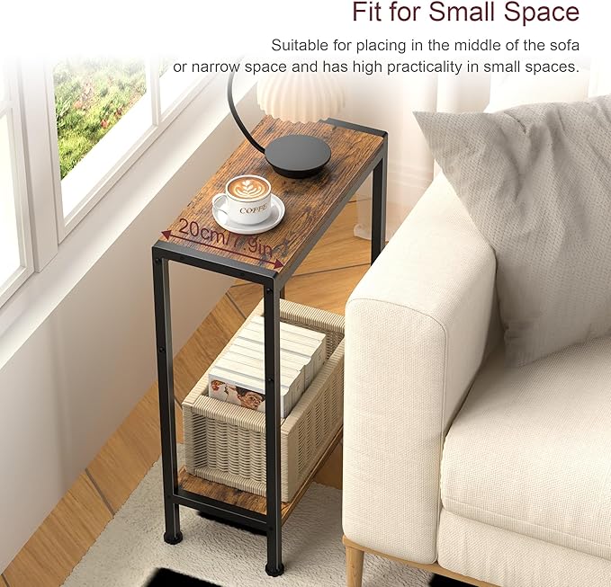 Narrow Side Table for Small Space Set of 2, 2-Tier Small End Table with Shelf Holder, Slim Nightstand, Skinny Snack Couch Table in Living Room, Bedroom, Study, Kitchen and Balcony（Rustic Brown