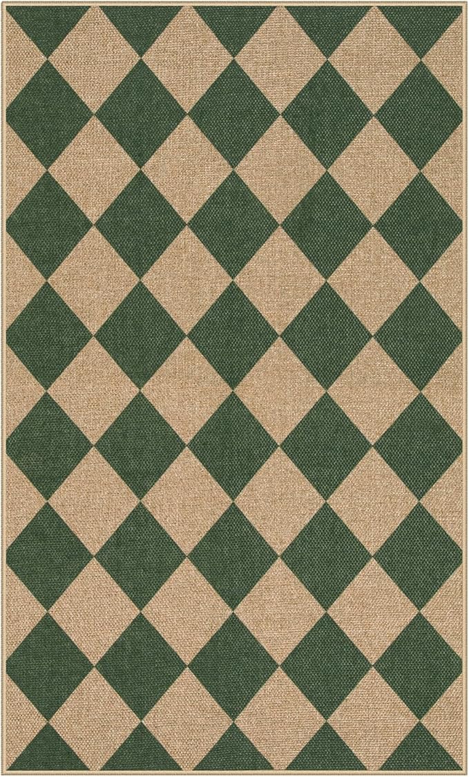 Lahome Checkered Outdoor Patio Easy Jute Rug, 3x5 Dark Green Washable Front Porch Door Rug, Farmhouse Indoor Outdoor Carpet Non Slip Non Shedding Carpet for Entryway Living Room Deck