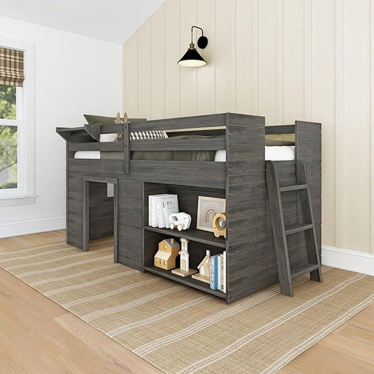 Max & Lily Modern Farmhouse Twin Low Loft Bed with Bookcase - Solid Wood, 15” Guardrails, 400-lb Capacity, Low-VOC Finish, Driftwood