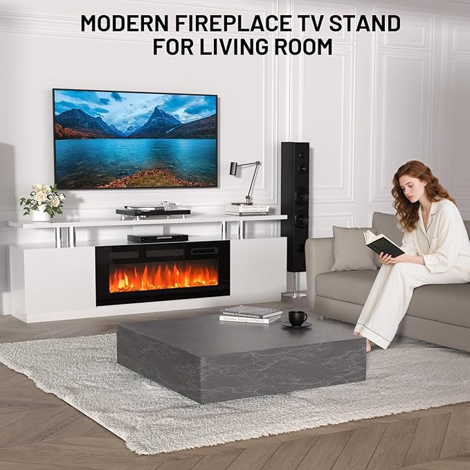GarveeHome 70 Inch Fireplace TV Stand with 36 Inch Electric Fireplace, 12 Colors LED Lights, 750W/1500W for Max 80 Inch TV, 2 Tier Storage 2 Door Cabinet