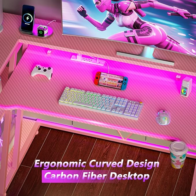 55 Inch Pink Gaming Desk with Power Outlet & LED Lights, Corner Computer Desk with 3 Tiers Storage Shelves, L Shaped Gaming Desk with Monitor Stand for Bedroom