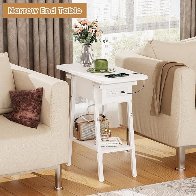 End Table with Charging Station, Flip Top Side Table with USB Ports and Outlets, Bedside Tables for Small Spaces,Nightstand with Storage Shelf for Living Room, Bedroom, White