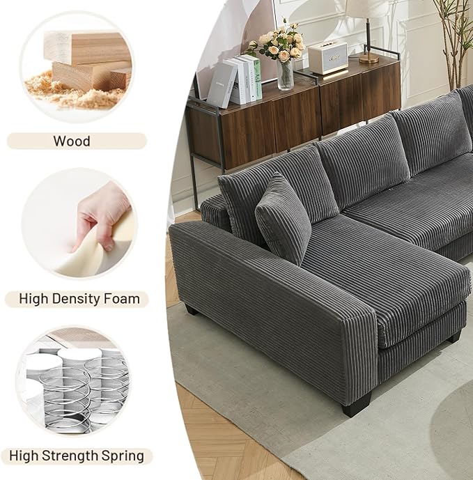 Symmetrical U Shaped Sectional Sofa Convertible Pull Out Sleeper Sofabed with Double Chaise Daybed , Corduroy Upholstered U Shaped Lounge Sofa Couch Bed w/ Throw Pillows for Living Room Apartment