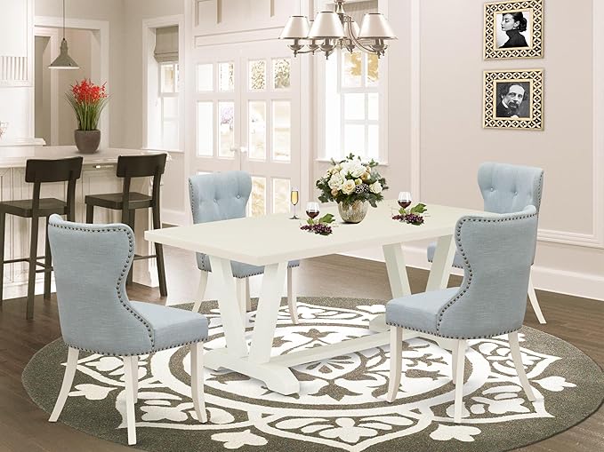 East West Furniture V027SI215-5 5 Piece Dining Table Set for 4 Includes a Rectangle Kitchen Table with V-Legs and 4 Baby Blue Linen Fabric Upholstered Chairs, 40x72 Inch, Multi-Color