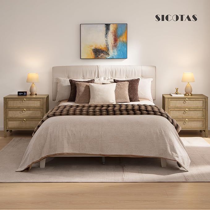 SICOTAS Night Stand with Drawers, Large Rattan Bedside Table with Golden Handle, 3 Drawers Nightstand Tall End Table Side Table Boho Nightstand for Bedroom
