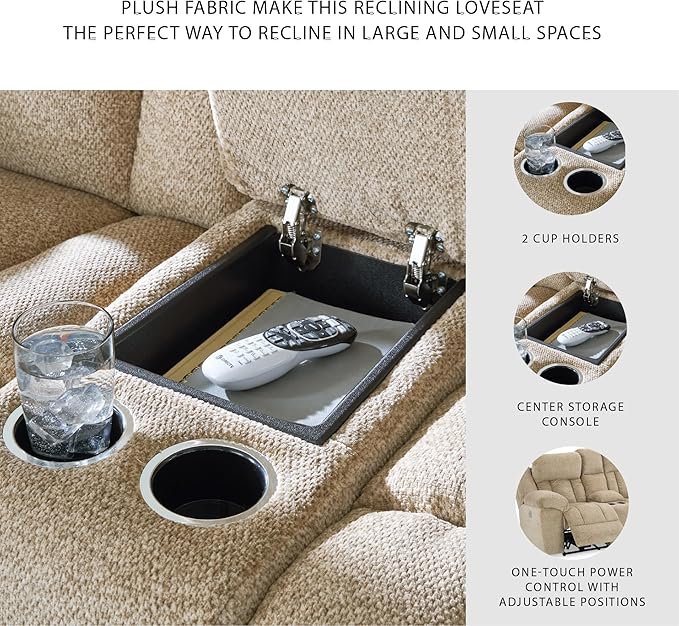 Signature Design by Ashley Tip-Off Classic Wall Hugger Power Reclining Loveseat with Adjustable Headrest, USB Ports, Storage and Cup Holders, Light Brown